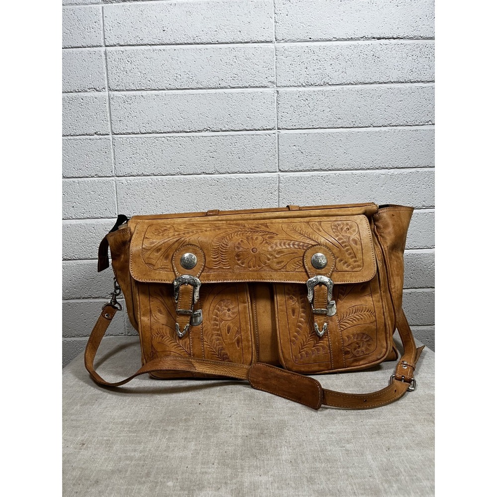Force Ten Classic Extra Large Hand Tooled Tan Leather Weekender Duffel Bag